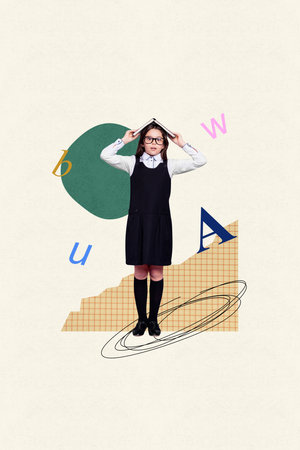Creative abstract template collage of funny little female hold book reading letter alphabet words text education schoolgirl bizarre fantasyの写真素材