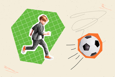 Creative collage picture of sportive mini excited boy training running kick big football isolated on drawing backgroundの写真素材