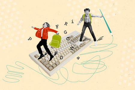 Creative collage picture of two mini black white colors boys hold pencil bag huge keyboard letters...