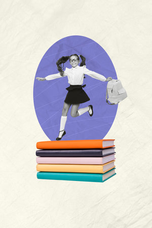 Vertical collage picture of little funky school girl jumping over huge stack book store library with backpack isolated on grey backgroundの写真素材