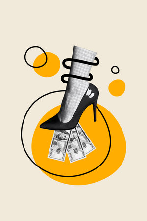 High heels collage concept illustration step high heels banknotes dollars prostitute woman payment dollars isolated on drawing backgroundの写真素材