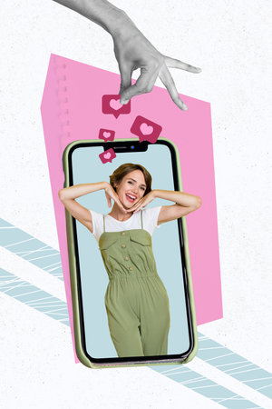Vertical photo picture collage advert of young careless lovely girl posing smartphone touchscreen...