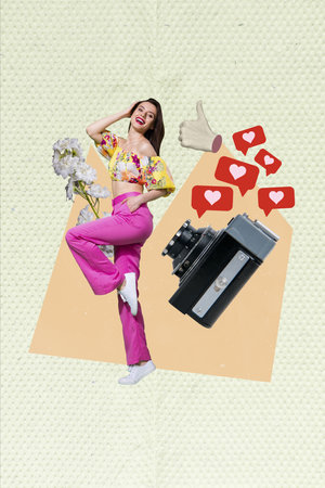 Collage picture illustration of young beautiful lady posing for her blog posing retro photocamera...