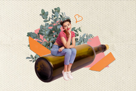 Collage banner creative picture advert wine shop young girl sitting empty bottle luxury brand promo isolated on drawing beige backgroundの写真素材