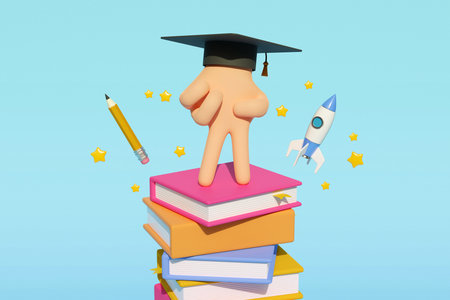 Caricature 3d collage image of walking arm fingers stand pile stack book flying rocket pencil feedback rate stars isolated on blue backgroundの写真素材