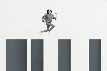 Creative composite illustration photo collage of positive satisfied girl running on lessons hold...