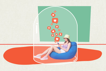 3d creative artwork template collage of addicted lady sitting under glass dome texting gadget isolated painting backgroundの写真素材