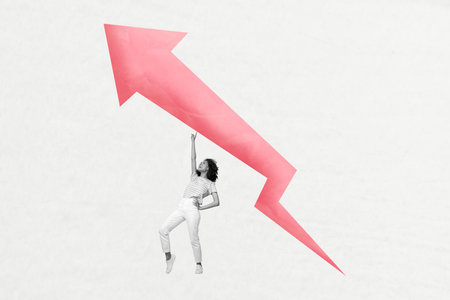 Collage minimal picture of successful lady pointing finger arrow empty space isolated white color backgroundの写真素材