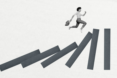Artwork magazine collage picture of excited lady jumping falling dominoes isolated white color backgroundの写真素材