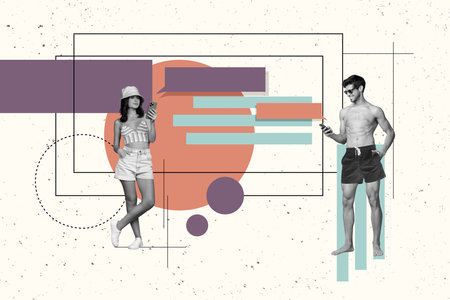 Creative magazine collage of happy smiling couple communicating modern devices empty space isolated white color backgroundの写真素材