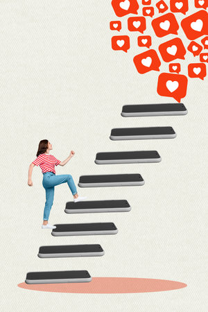 Artwork magazine collage picture of funky purposeful lady walking up achieving blogging success...