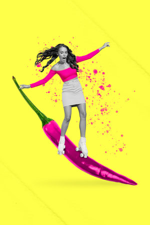 Poster banner collage of funky lady riding chilly pepper down with roller skates on bright backgroundの写真素材