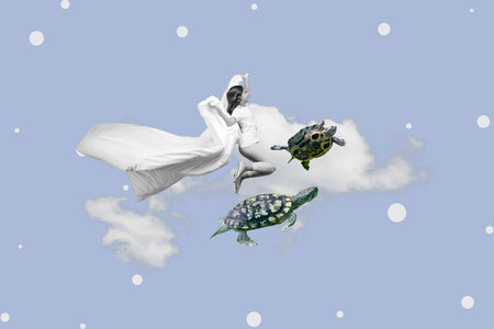 Image collage poster artwork of cheerful carefree little girl jumping flying rejoice weekend morning isolated on blue drawing backgroundの写真素材