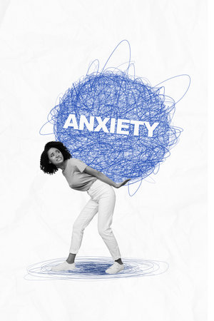 Composite collage picture image of young upset unhappy female carry hold anxiety heavy load mental health treatment burden tired exhaustedの写真素材