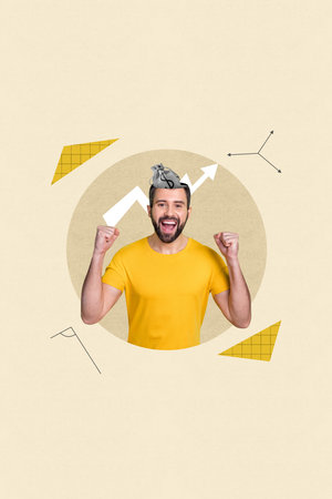 Artwork collage of funky lucky guy celebrating crypto currency course growing isolated beige color backgroundの写真素材