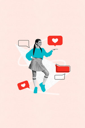 Vertical collage image of cheerful black white effect girl arm hold like notification dialogue bubble isolated on beige backgroundの写真素材
