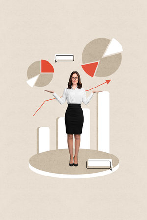 Vertical photo template collage business concept young lady formalwear hold arms showing diagrams financier isolated on beige backgroundの写真素材