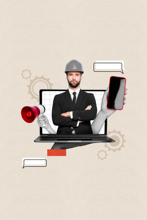 Vertical collage of hand hold netbook smart phone loudspeaker dialogue bubble communicate successful elegant man protection helmetの写真素材