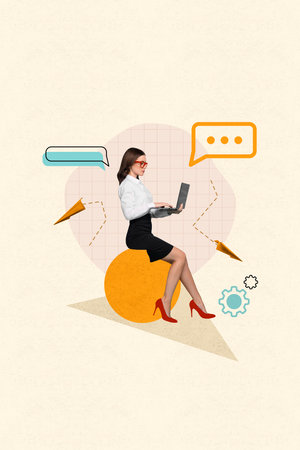 Vertical photo picture image collage business lady working remote chatting send message airplane repairing isolated on beige backgroundの写真素材