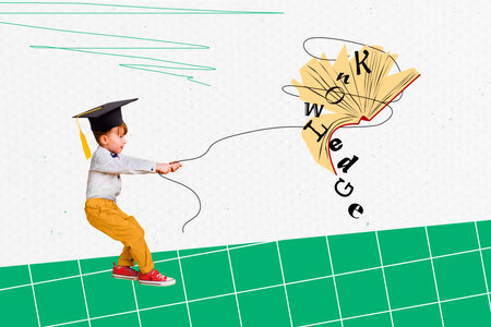 Artwork collage image of mini boy wear mortarboard hat pull string knowledge book isolated on...