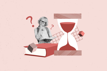 Collage of small young schoolboy hold copybook decide how solve question thoughts reading deadline sandglass isolated on pink backgroundの写真素材