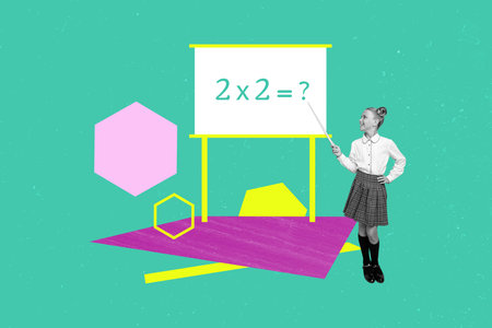 Creative composite collage of funny school girl hold pointer look board formula quick mathematics...