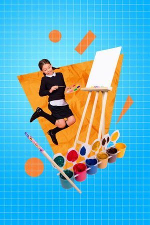 Advert shopping collage buy kids talented inspiration brush easel drawing oil colorful palette brushing isolated on plaid blue backgroundの写真素材
