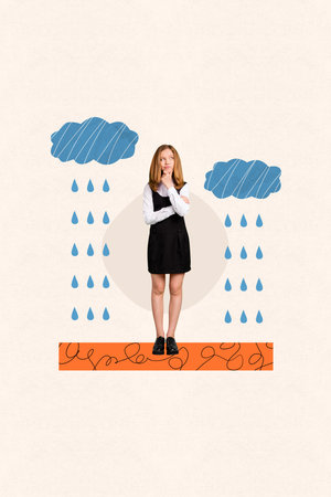 Collage of small schoolgirl unhappy minded looking bad weather autumn first september knowledge day raining isolated on beige backgroundの写真素材