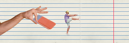 Photo cartoon comics sketch collage picture of arm erasing copybook funny guy isolated striped...