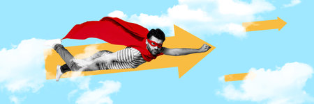 Creative 3d photo artwork graphics collage painting of purposeful guy wear cape flying clouds isolated drawing backgroundの写真素材
