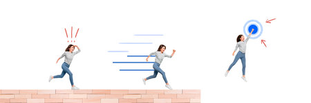 Photo collage artwork minimal picture of smiling lady achieving success step by step isolated white color backgroundの写真素材