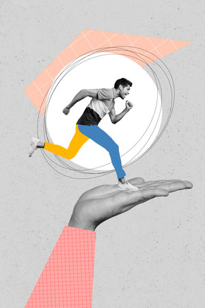 Vertical creative artwork collage of young guy happy running blue yellow colors pants support ukrainian freedom isolated on grey backgroundの写真素材