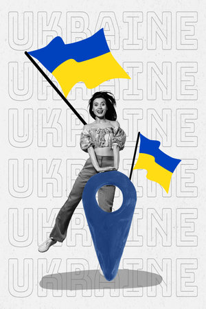 Creative 3d retro collage of young woman jumping plasticine geotag map location blue yellow patriotic flag isolated over grey backgroundの写真素材