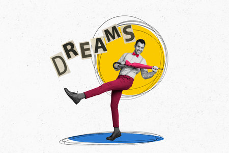 Composite collage portrait of cheerful black white effect classy guy hold umbrella dancing dreams word isolated on painted backgroundの写真素材