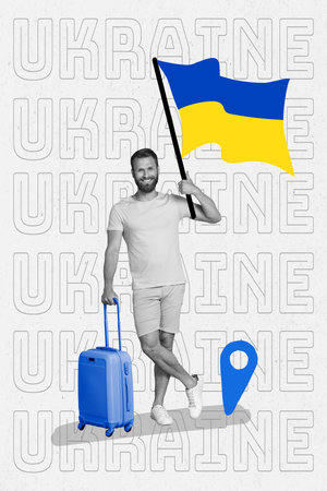 Vertical photo composition collage placard support independence ukraine flag hold valise come back home isolated on white backgroundの写真素材