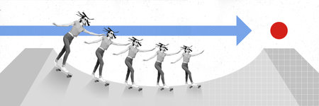 Photo collage artwork of funky smiling lady riding skateboard achieve target isolated graphical backgroundの写真素材