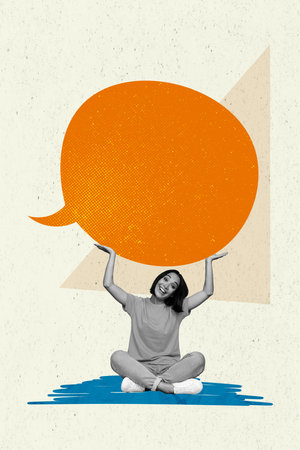 Vertical collage photo placard of funky girl advertisement messenger chatting app social media chatterbox isolated on beige backgroundの写真素材