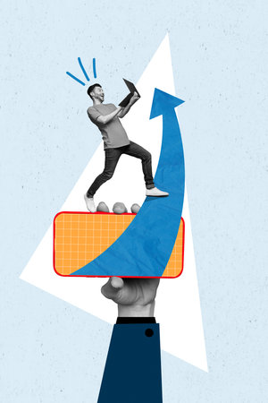 Vertical collage of funny businessman young age hold laptop his project investment growth arrow phone display isolated on blue backgroundの写真素材