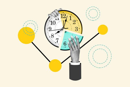 Composite collage picture of black white colors arms hold wall watch clock diagram piece isolated on drawing beige backgroundの写真素材