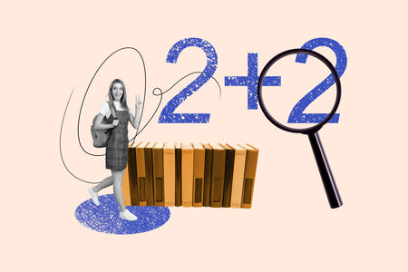 Artwork collage image of mini black white effect girl walking showing v-sign huge book magnifier lens loupe maths numbersの写真素材