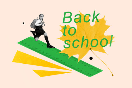 Artwork collage image of mini black white effect girl carry rucksack running big ruler maple leaf back to school isolated on creative backgroundの写真素材