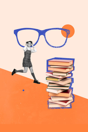 Vertical collage image of excited clever mini girl jumping big drawing glasses pile stack book isolated on creative backgroundの写真素材