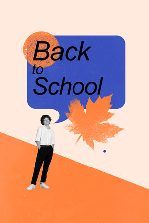Vertical collage image of black white effect minded boy brainstorming back to school bubble painted maple leaf isolated on creative backgroundの写真素材
