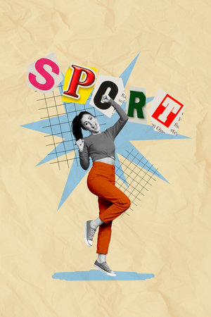 Vertical collage picture of overjoyed positive black white colors girl raise fists celebrate sport text placard isolated on beige paper backgroundの写真素材