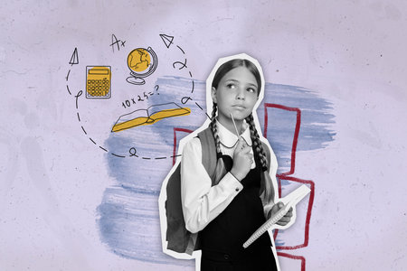 Collage image of minded intelligent black white effect girl hold pen notebook brainstorm drawing book calculator globe isolated on paper backgroundの写真素材