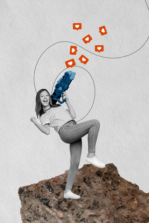 Vertical template photo collage of funky overjoyed teenage girl holding water gun blaster shooting popularity isolated on grey backgroundの写真素材