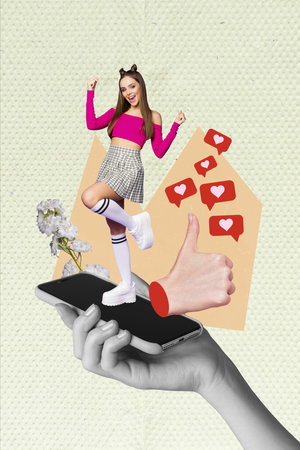 Blogging girlfriend collage young woman dancing summertime style skirt pink top receive nice feedback isolated on beige backgroundの写真素材