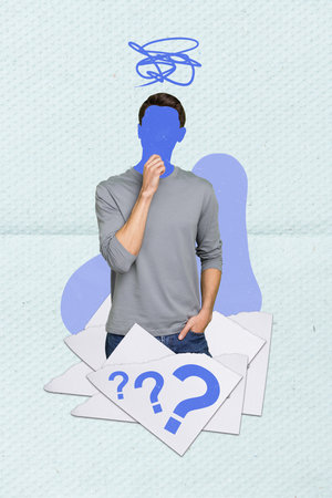 Creative abstract photo collage template graphics image complicated thoughtful guy scribble instead...