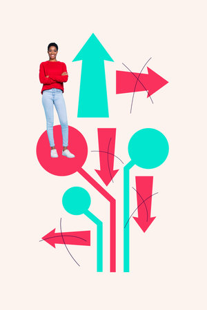 Vertical 3d sketch banner collage of confident successful person man choose right decision way route...