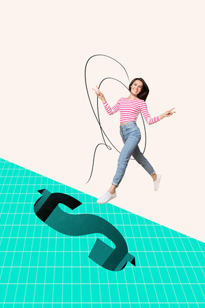 Vertical composite design collage of young friendly business lady jumping run show v sign progress...